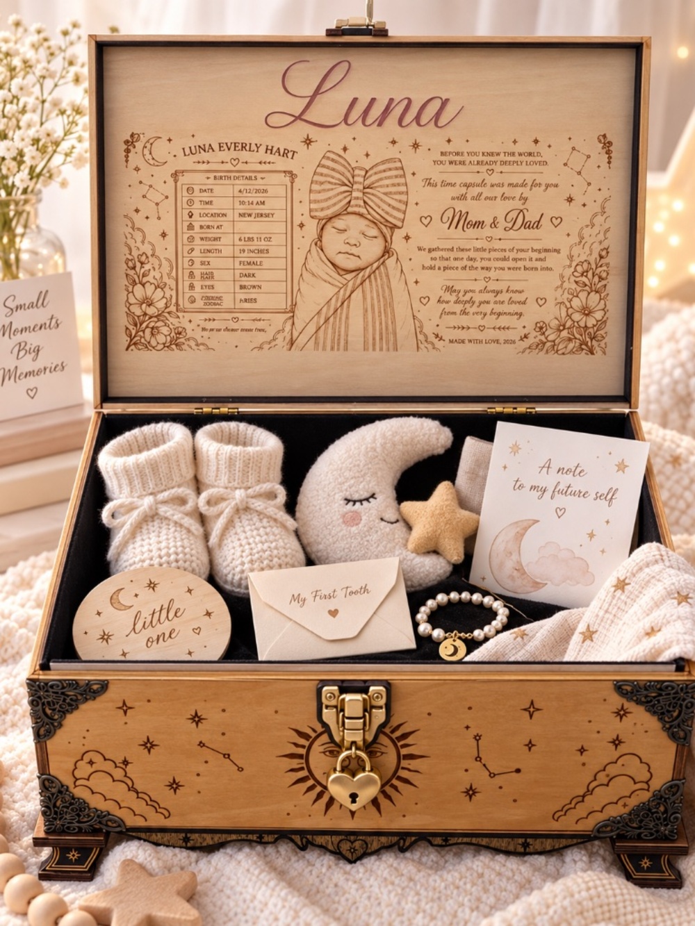 Personalized Baby Time Capsule Box, Celestial Basswood Keepsake Chest with Heart - Picture 5 of 6